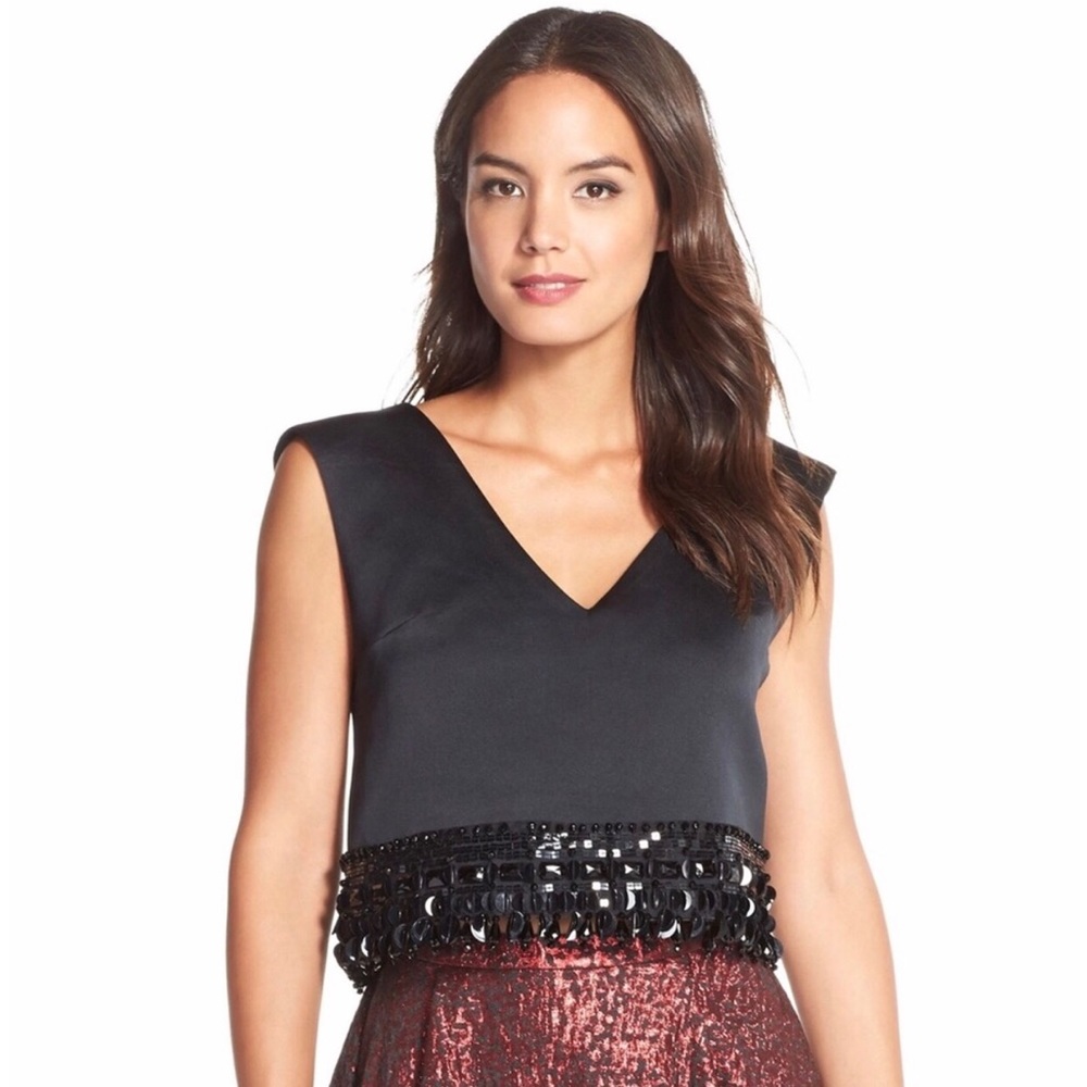 Tracy Reese Black Embellished Cropped Top Size XS V-Neck Cocktail Bohemian